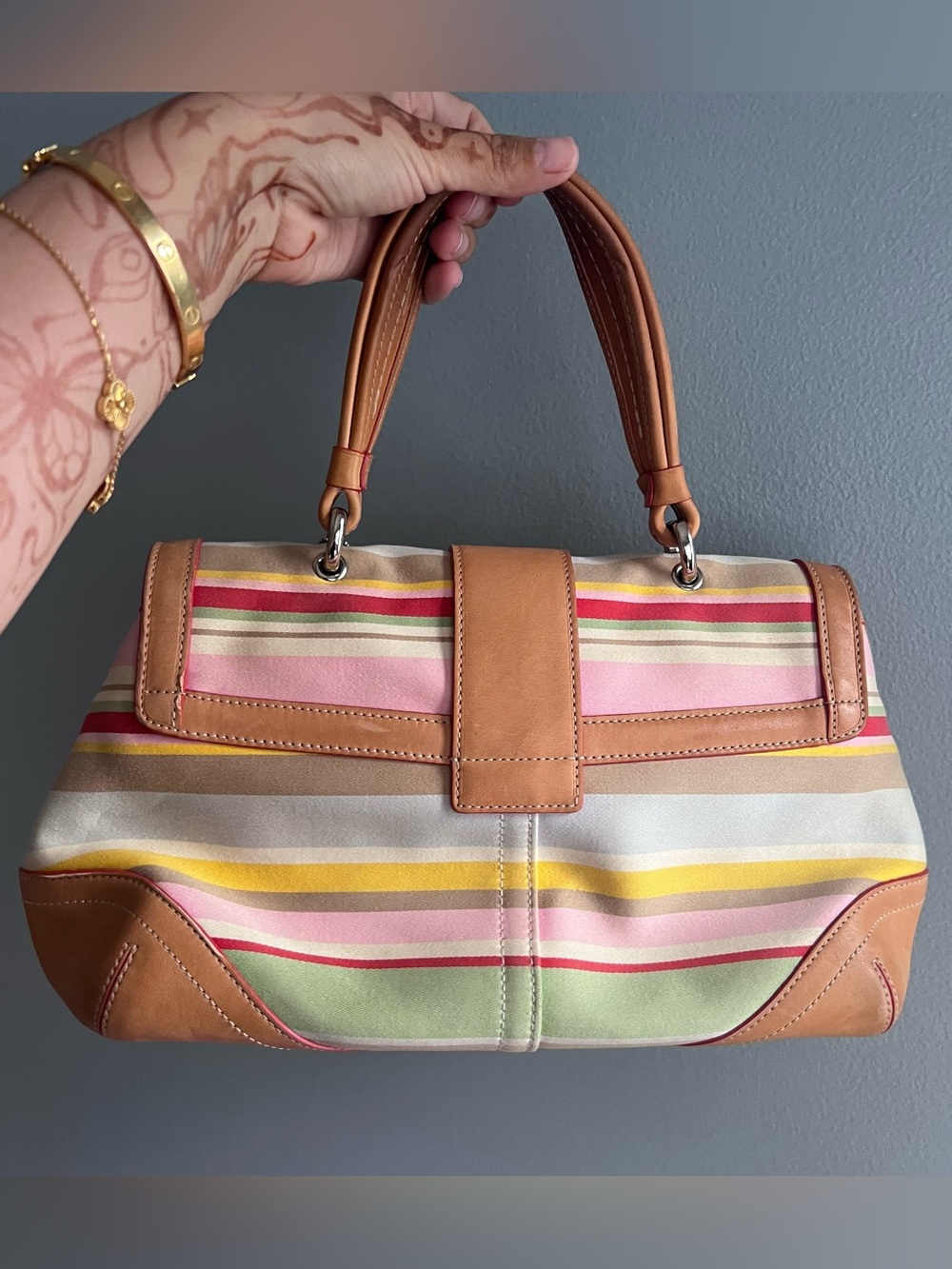 Vintage Limited-Edition Coach Soho Twill Striped Rainbow Top Handle Bag - Picture 2 of 5